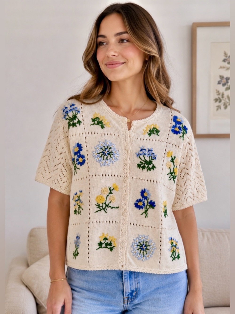 Vintage 1995 River Art Hand Embroidered Floral Knit Cardigan Sweater-Size Medium